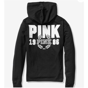 Victoria's Secret Pink Hoodie Womens Size L Large Black Lightweight Logo Campus